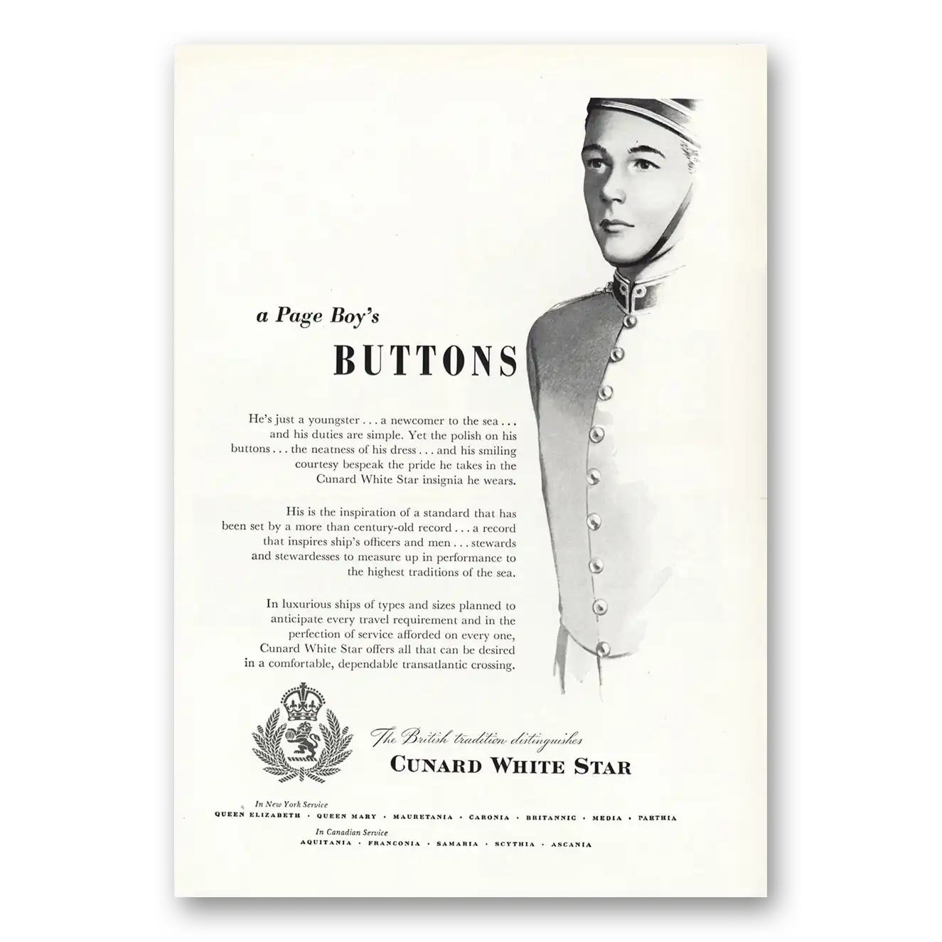 1950 White Star Line Page Boy Buttons Vintage Magazine Print Ad