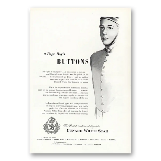 1950 White Star Line Page Boy Buttons Vintage Magazine Print Ad