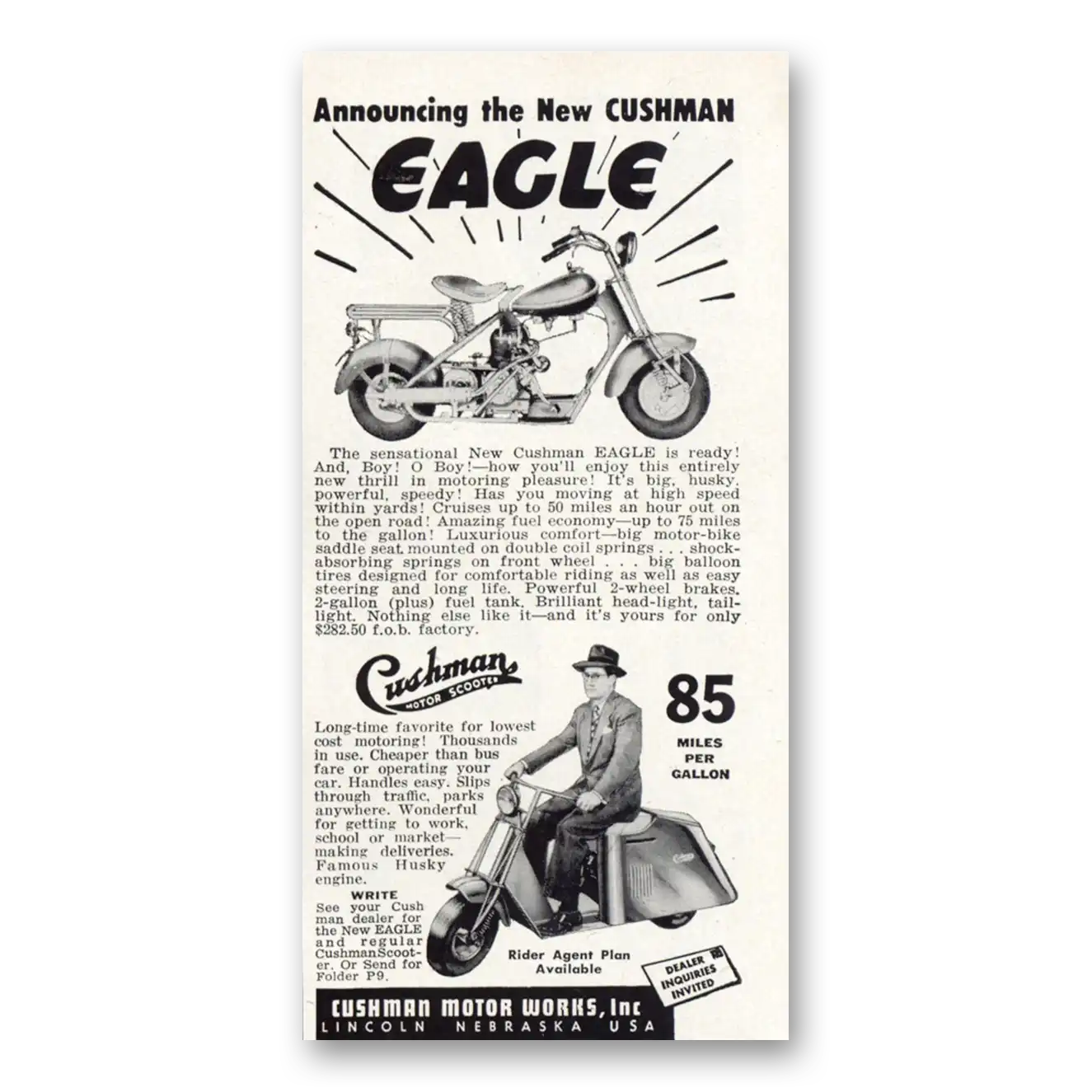 1950 Cushman Motors Eagle Announcing the New Cushman Vintage Magazine Print Ad