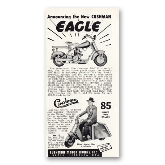 1950 Cushman Motors Eagle Announcing the New Cushman Vintage Magazine Print Ad