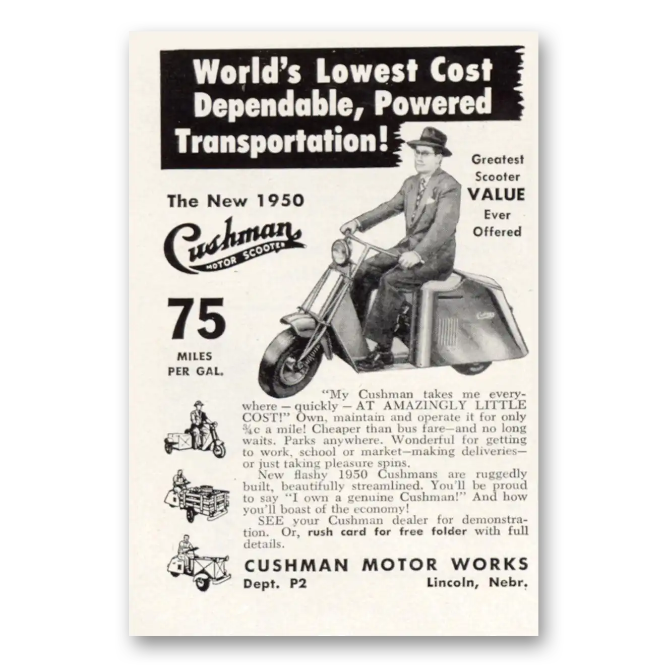 1950 Cushman Motors Worlds Lowest Cost Dependable Vintage Magazine Print Ad