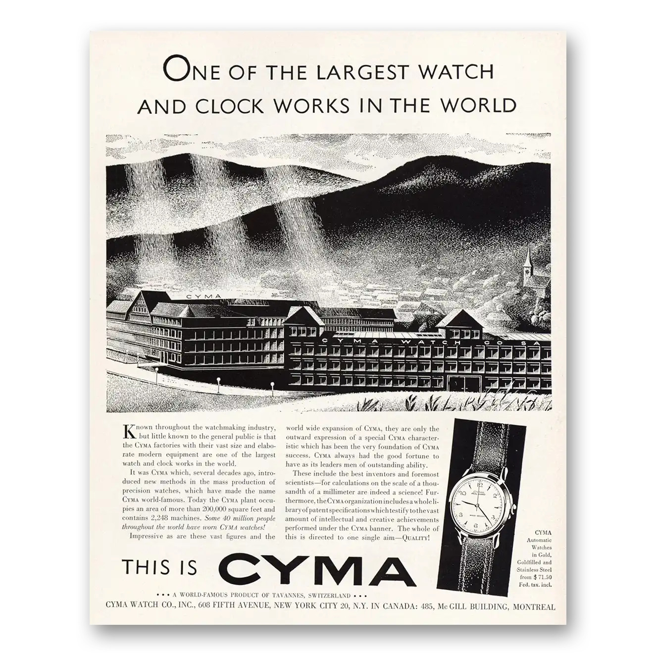 1950 Cyma Watch Largest Watch and Clock Works Vintage Magazine Print Ad