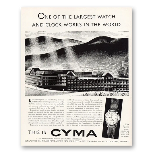 1950 Cyma Watch Largest Watch and Clock Works Vintage Magazine Print Ad