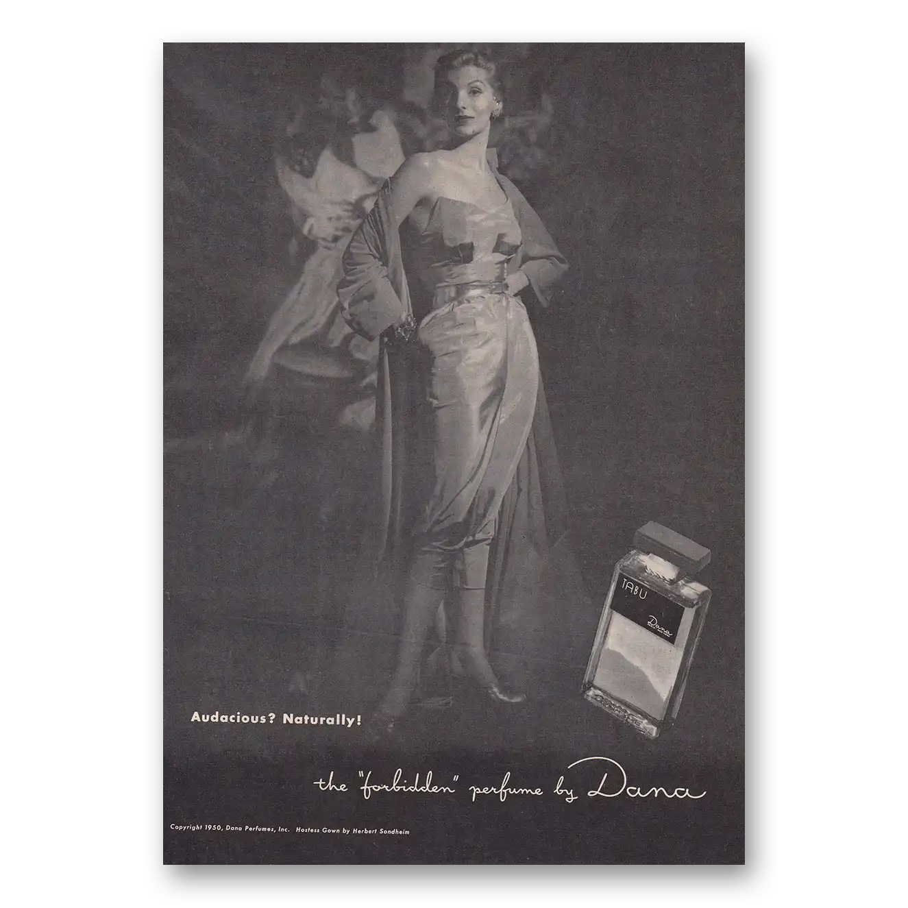 1950 Dana Tabu Perfume Audacious Naturally Vintage Magazine Print Ad