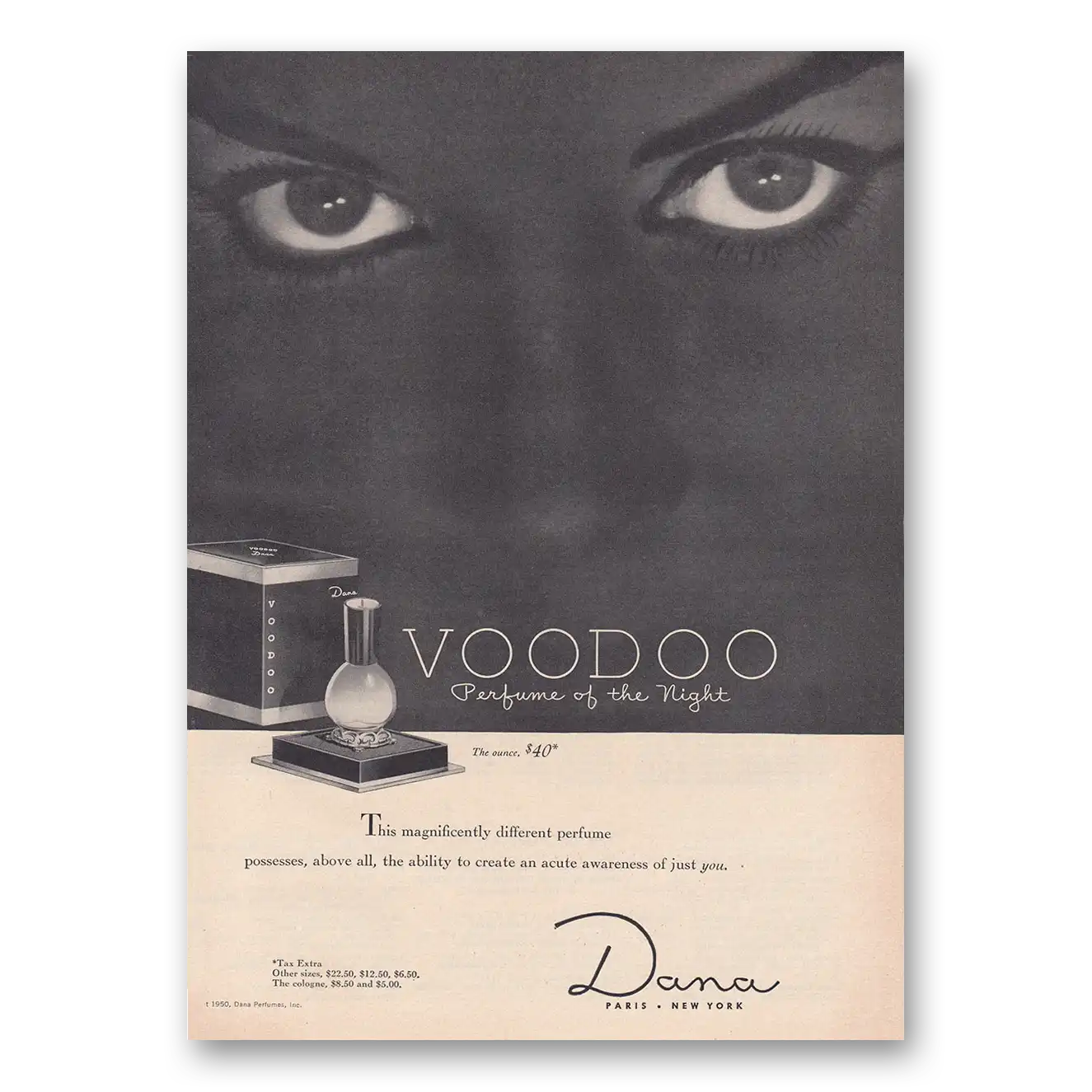 1950 Dana Voodoo Perfume Voodoo Perfume of the Night Vintage Magazine Print Ad