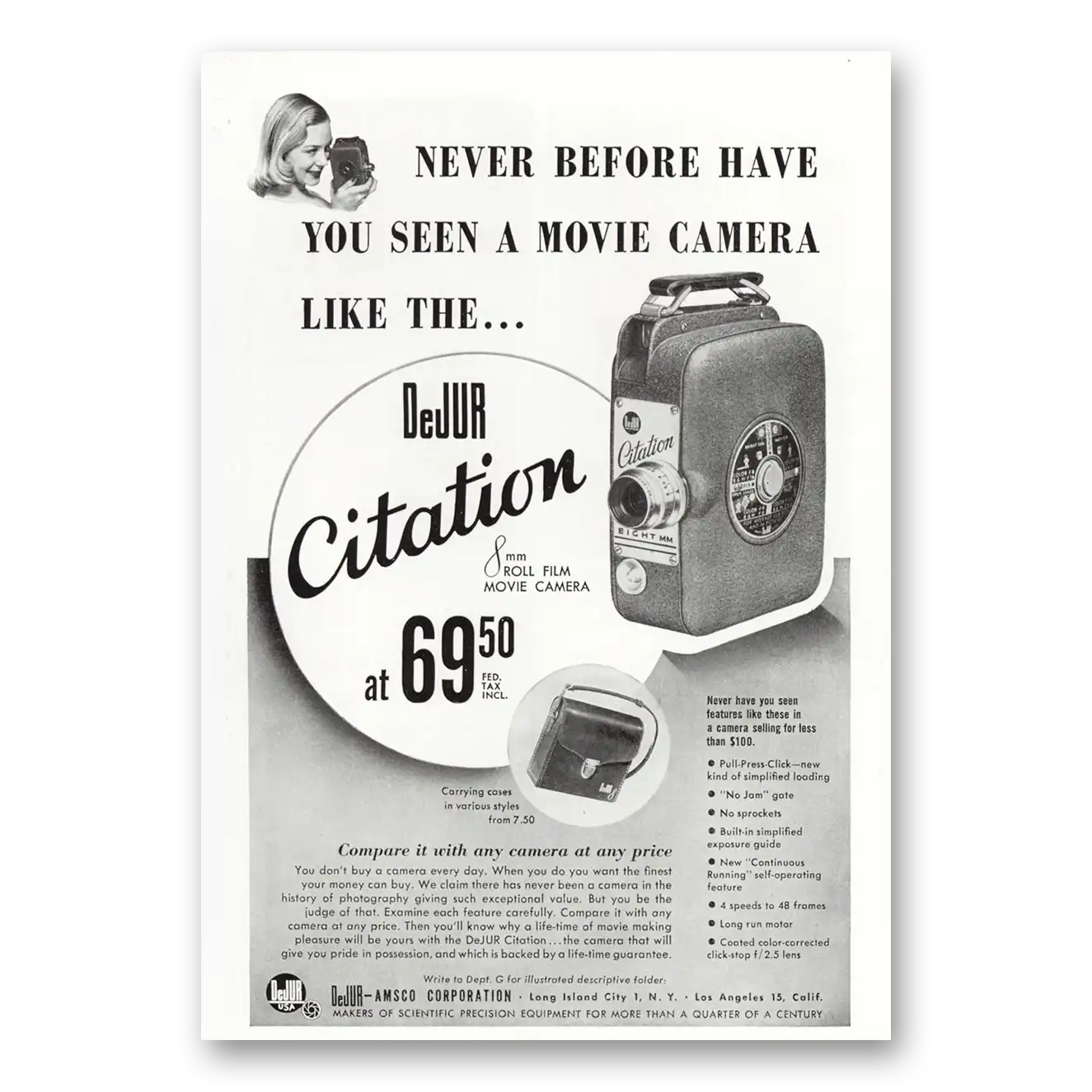 1950 DeJur Citation Movie Camera Citation Roll Film Movie Camera Never Before Have You Seen a Movie Camera Vintage Magazine Print Ad