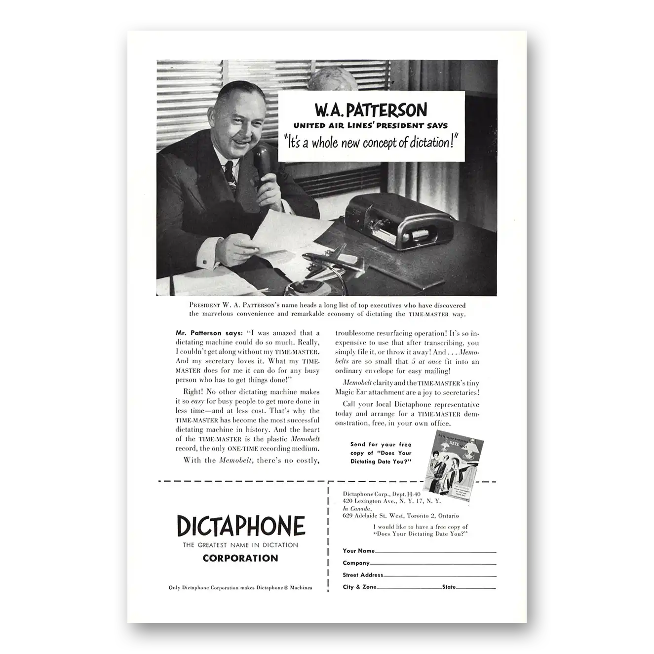 1950 Dictaphone United Airlines Patterson Vintage Magazine Print Ad