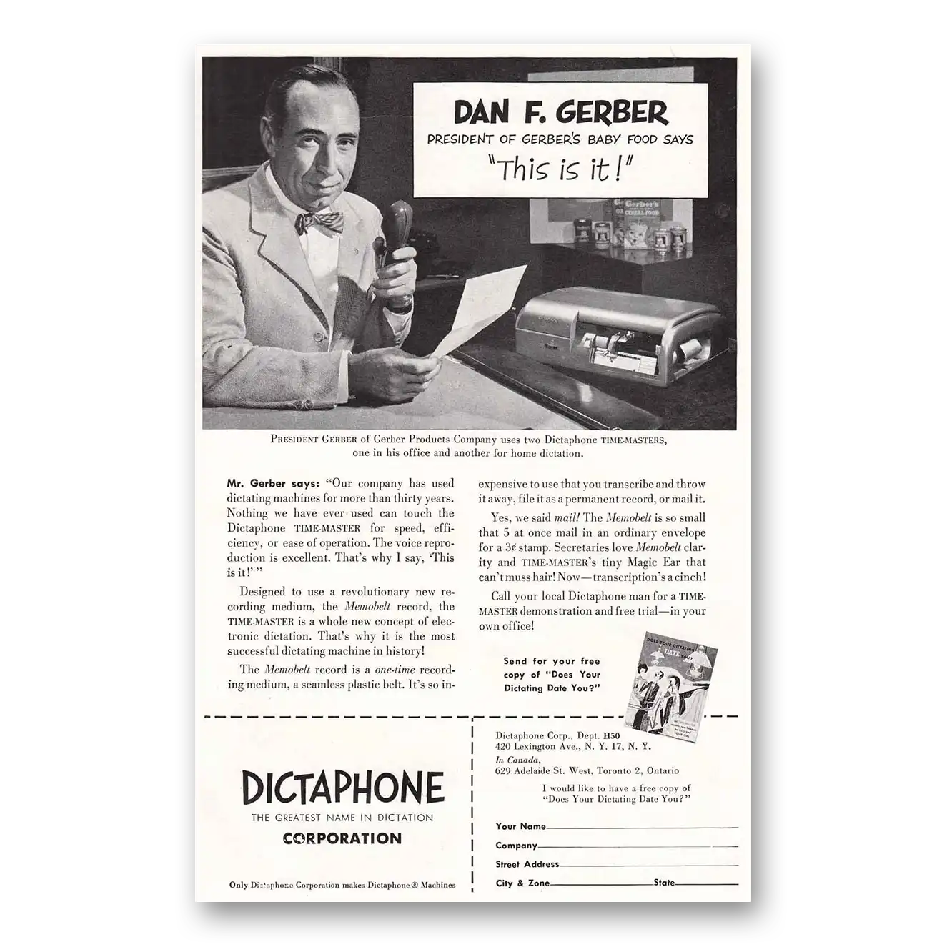 1950 Dictaphone Dan F Gerber Vintage Magazine Print Ad