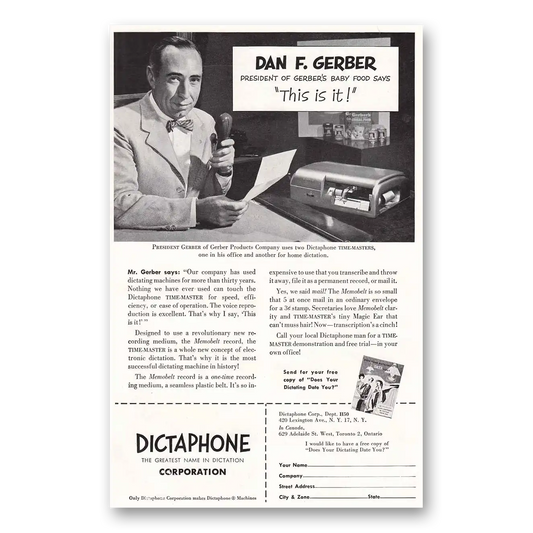 1950 Dictaphone Dan F Gerber Vintage Magazine Print Ad