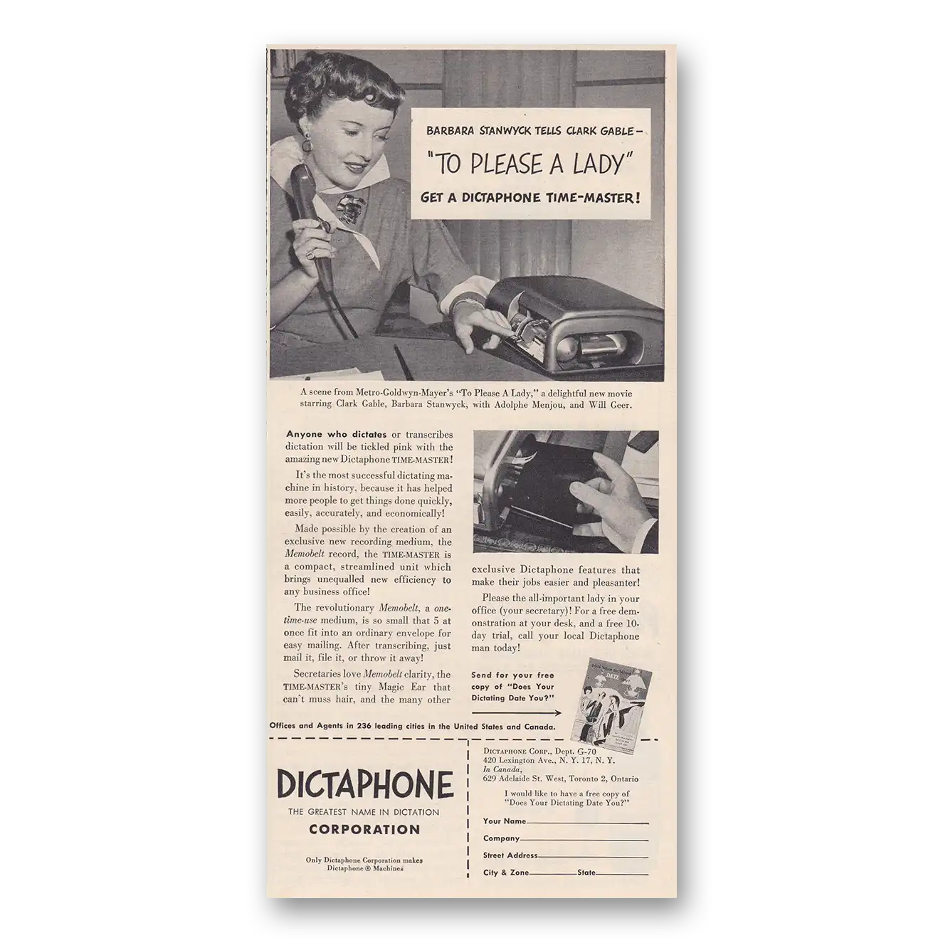 1950 Dictaphone Barbara Stanwyck Tells Clark Gable Vintage Magazine Print Ad