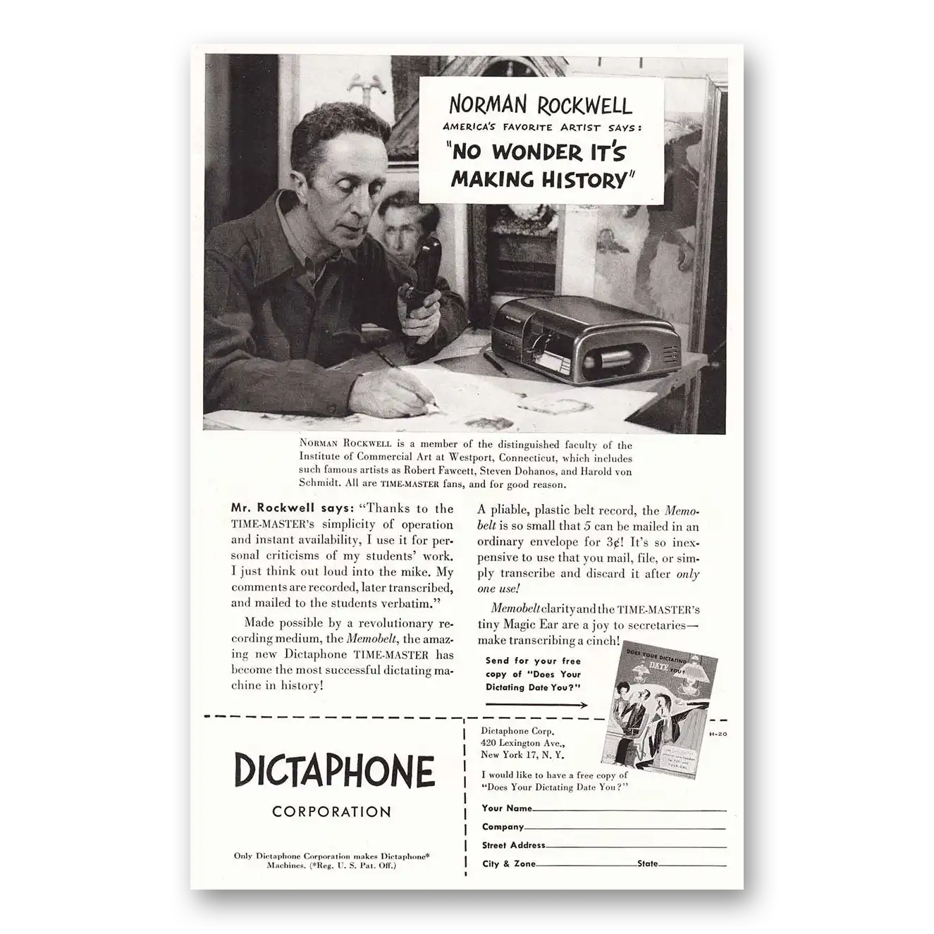 1950 Dictaphone Norman Rockwell No Wonder Its Making History Vintage Magazine Print Ad