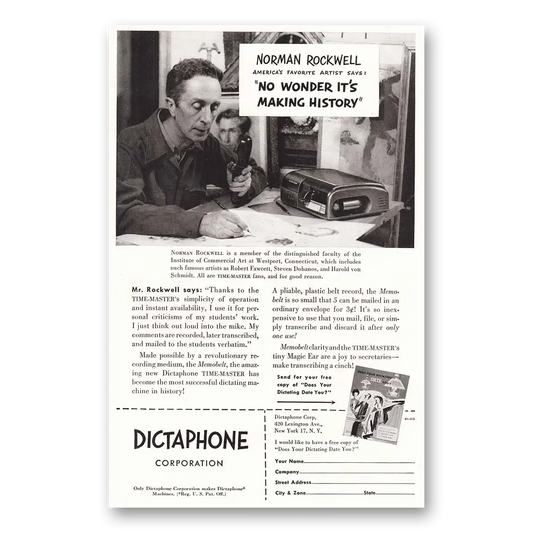 1950 Dictaphone Norman Rockwell No Wonder Its Making History Vintage Magazine Print Ad