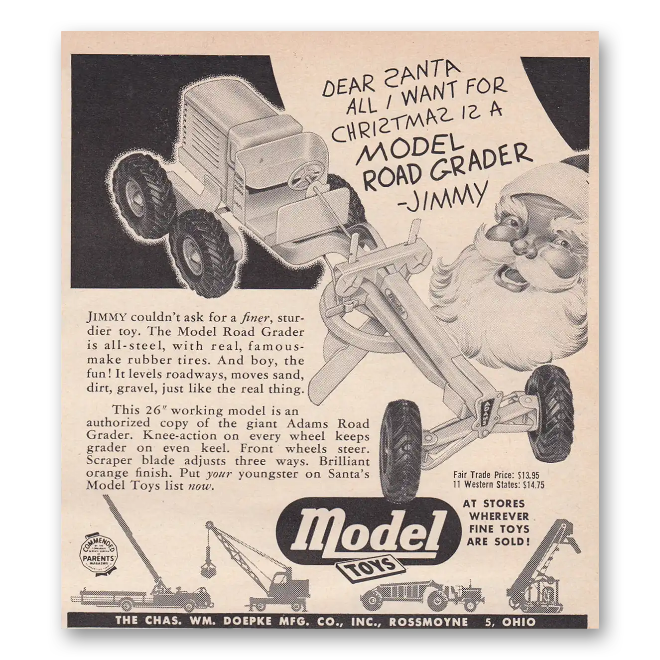 1950 Doepke Model Toys Santa Model Road Grader Vintage Magazine Print Ad