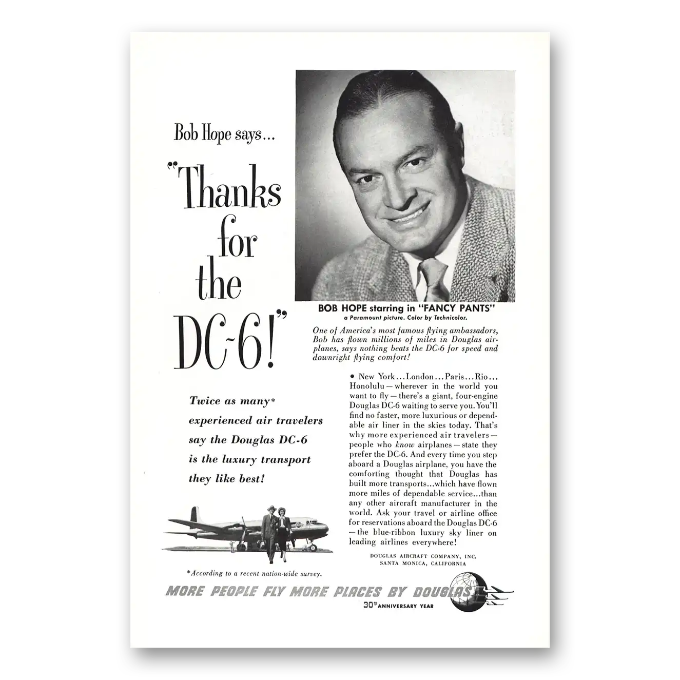 1950 Douglas DC6 Bob Hope Thanks for the DC6 Vintage Magazine Print Ad