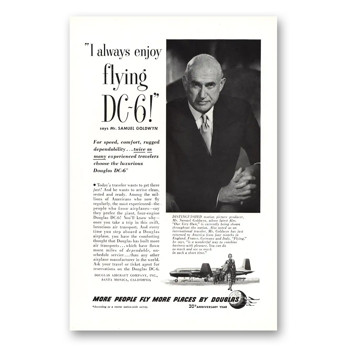 1950 Douglas DC6 Samuel Goldwyn Vintage Magazine Print Ad