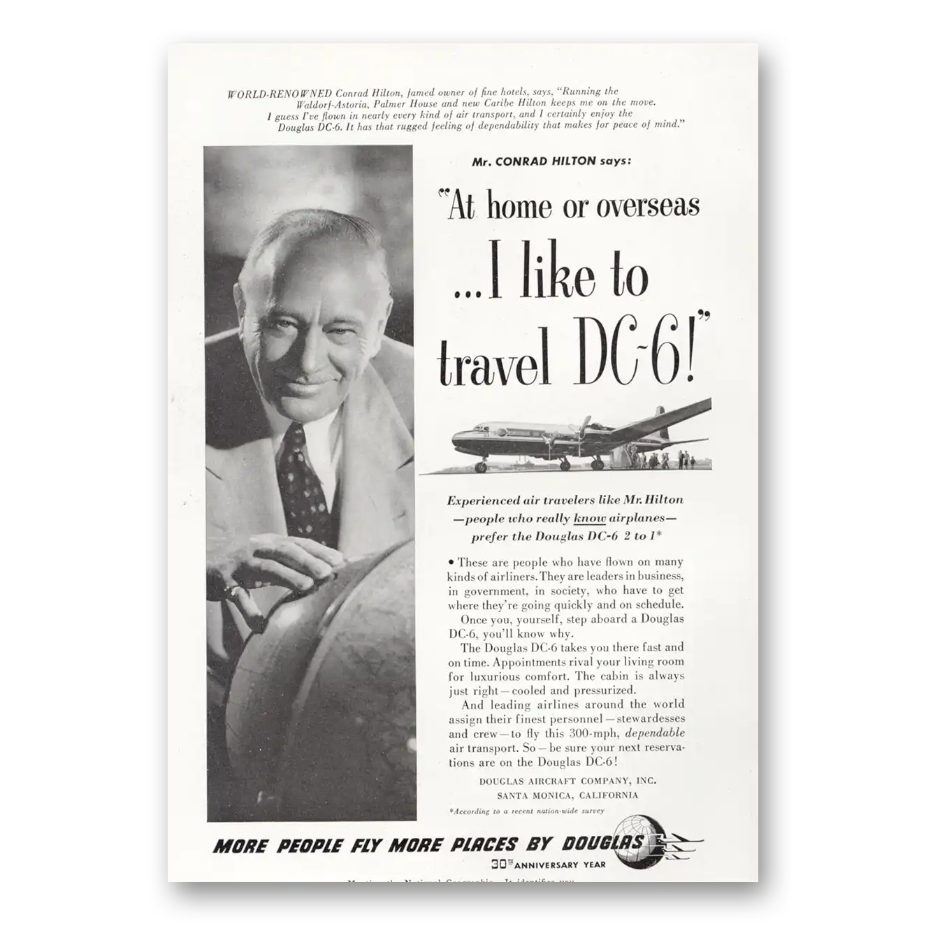 1950 Douglas DC6 Conrad Hilton Vintage Magazine Print Ad