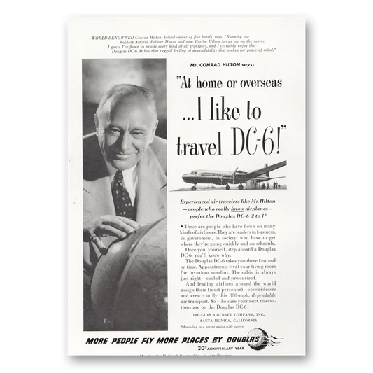 1950 Douglas DC6 Conrad Hilton Vintage Magazine Print Ad