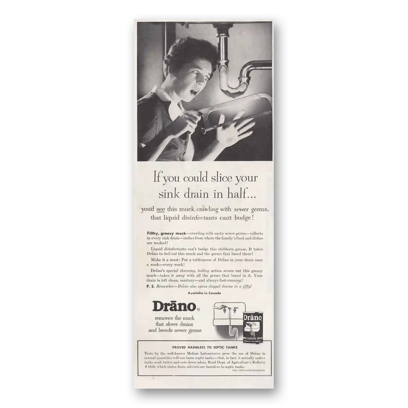 1950 Drano You Could Slice Your Sink Drain in Half Vintage Magazine Print Ad