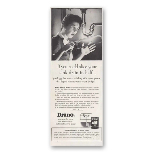 1950 Drano You Could Slice Your Sink Drain in Half Vintage Magazine Print Ad