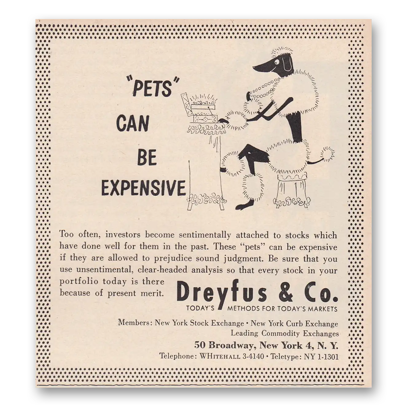 1950 Dreyfus Pets Can Be Expensive Vintage Magazine Print Ad