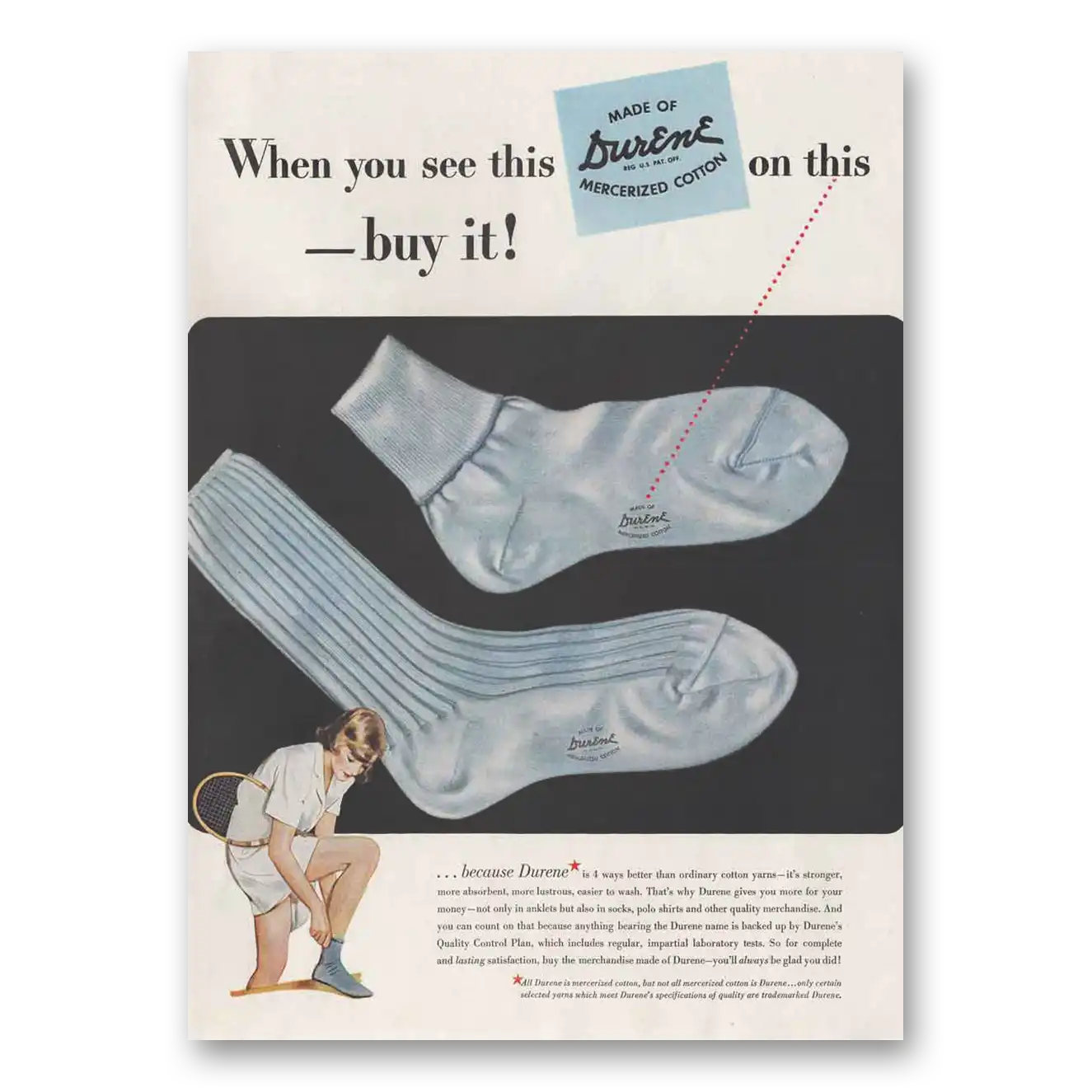 1950 Durene Socks Mercerized Cotton Vintage Magazine Print Ad