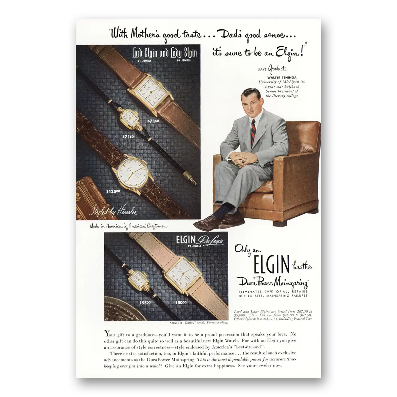 1950 Elgin Watch Company Walter Teninga U Michigan Vintage Magazine Print Ad