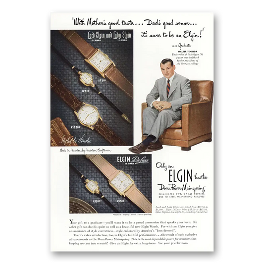 1950 Elgin Watch Company Walter Teninga U Michigan Vintage Magazine Print Ad