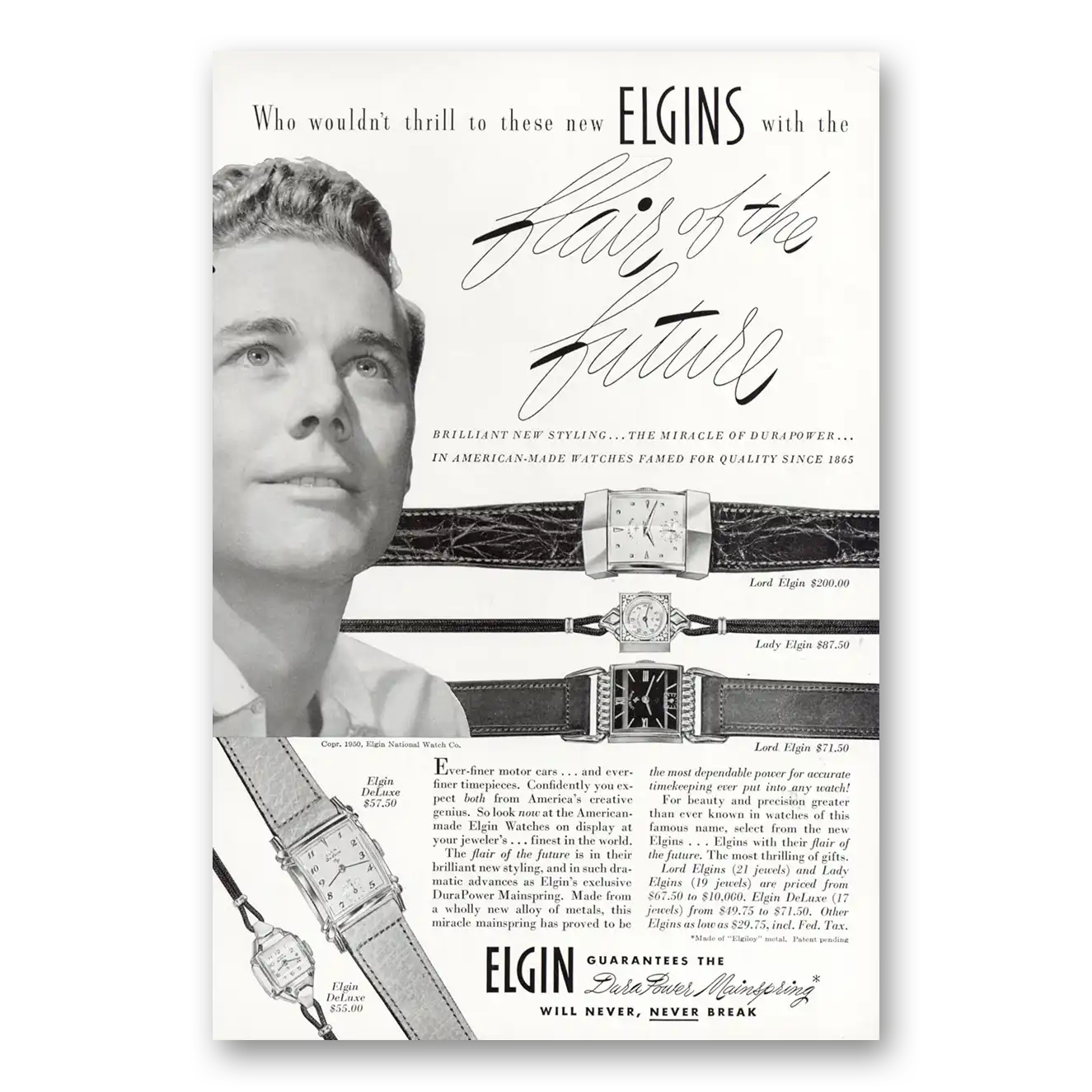 1950 Elgin Watch Flair of the Future Vintage Magazine Print Ad