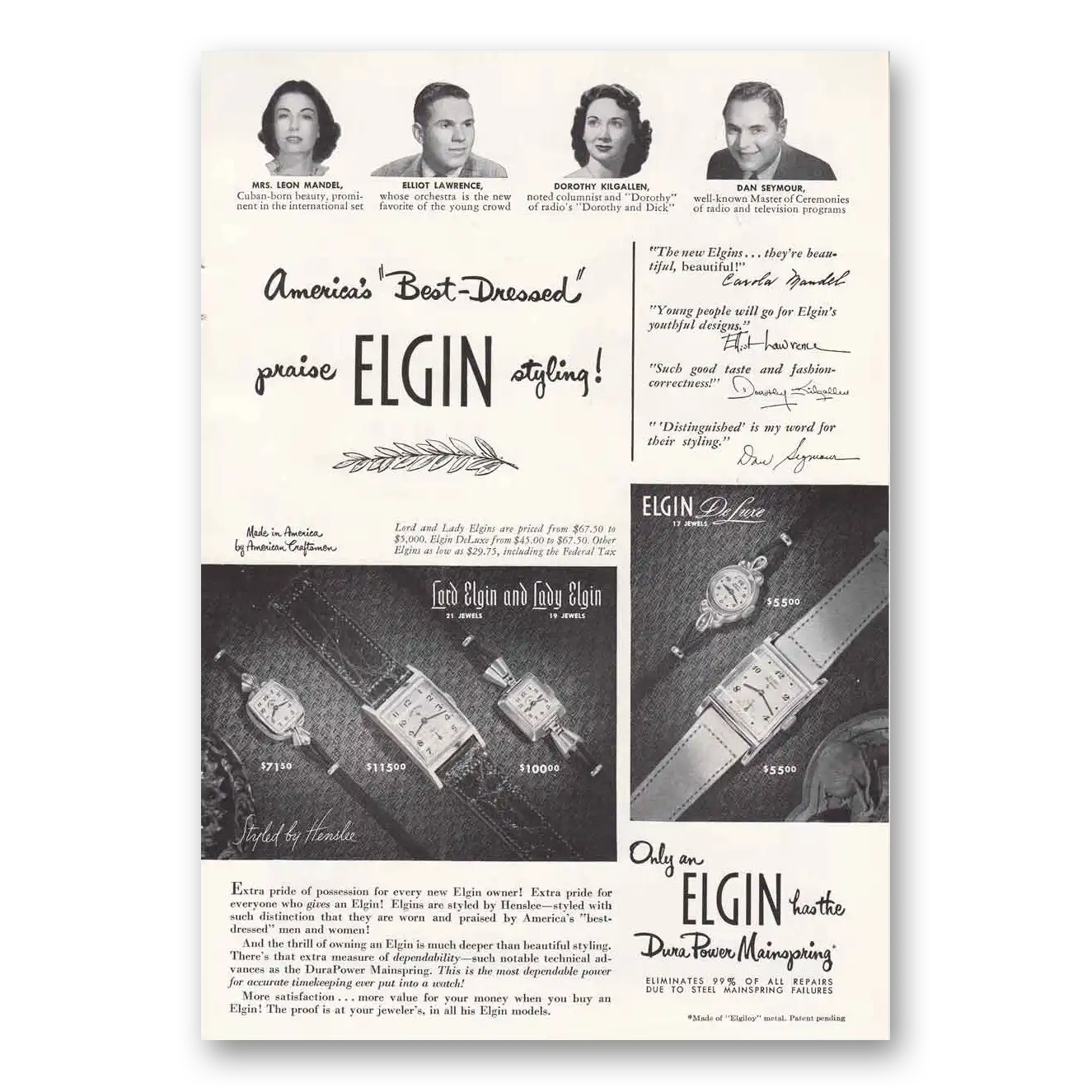 1950 Elgin Watch Lord Elgin and Lady Elgin Vintage Magazine Print Ad