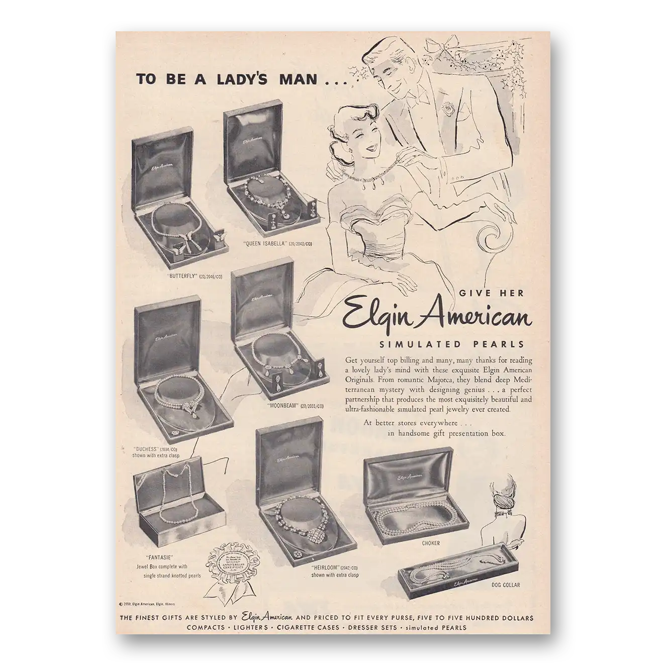 1950 Elgin American Simulated Pearls To Be a Ladys Man Vintage Magazine Print Ad