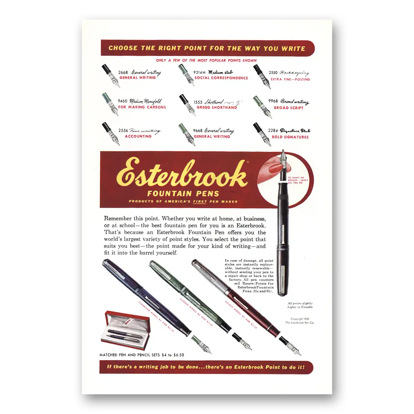 1950 Esterbrook Fountain Pen Choose the Right Point Vintage Magazine Print Ad