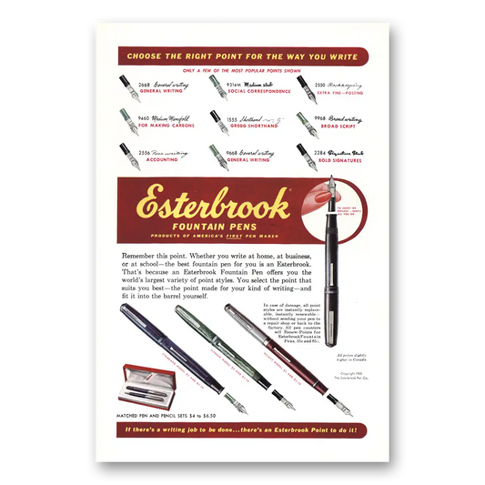 1950 Esterbrook Fountain Pen Choose the Right Point Vintage Magazine Print Ad