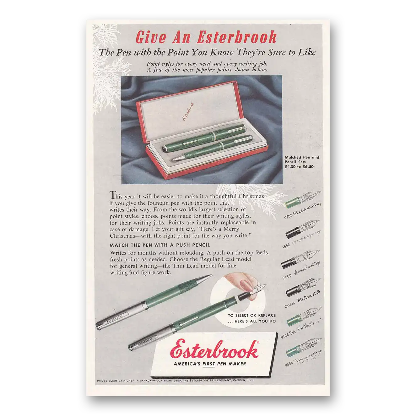 1950 Esterbrook Fountain Pen Pen With the Point Vintage Magazine Print Ad