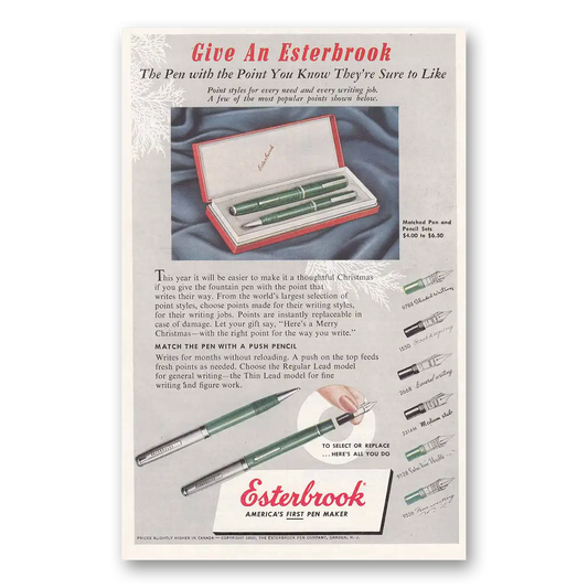 1950 Esterbrook Fountain Pen Pen With the Point Vintage Magazine Print Ad