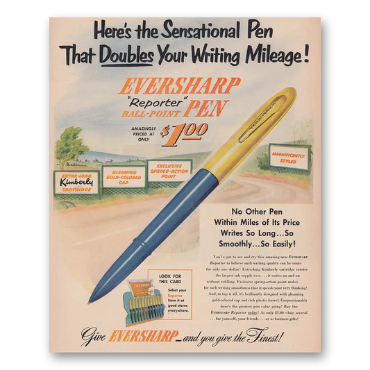 1950 Wahl Eversharp Reporter Pen Doubles Your Writing Mileage Vintage Magazine Print Ad