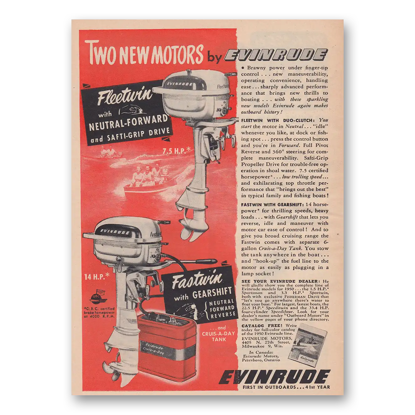 1950 Evinrude Two New Motors Fleetwin Fastwin Vintage Magazine Print Ad