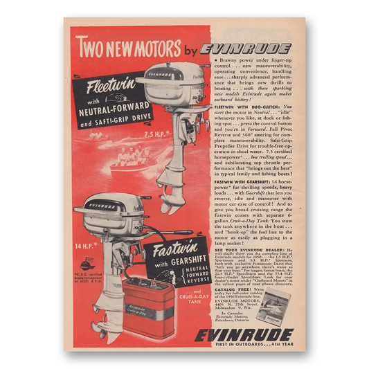 1950 Evinrude Two New Motors Fleetwin Fastwin Vintage Magazine Print Ad