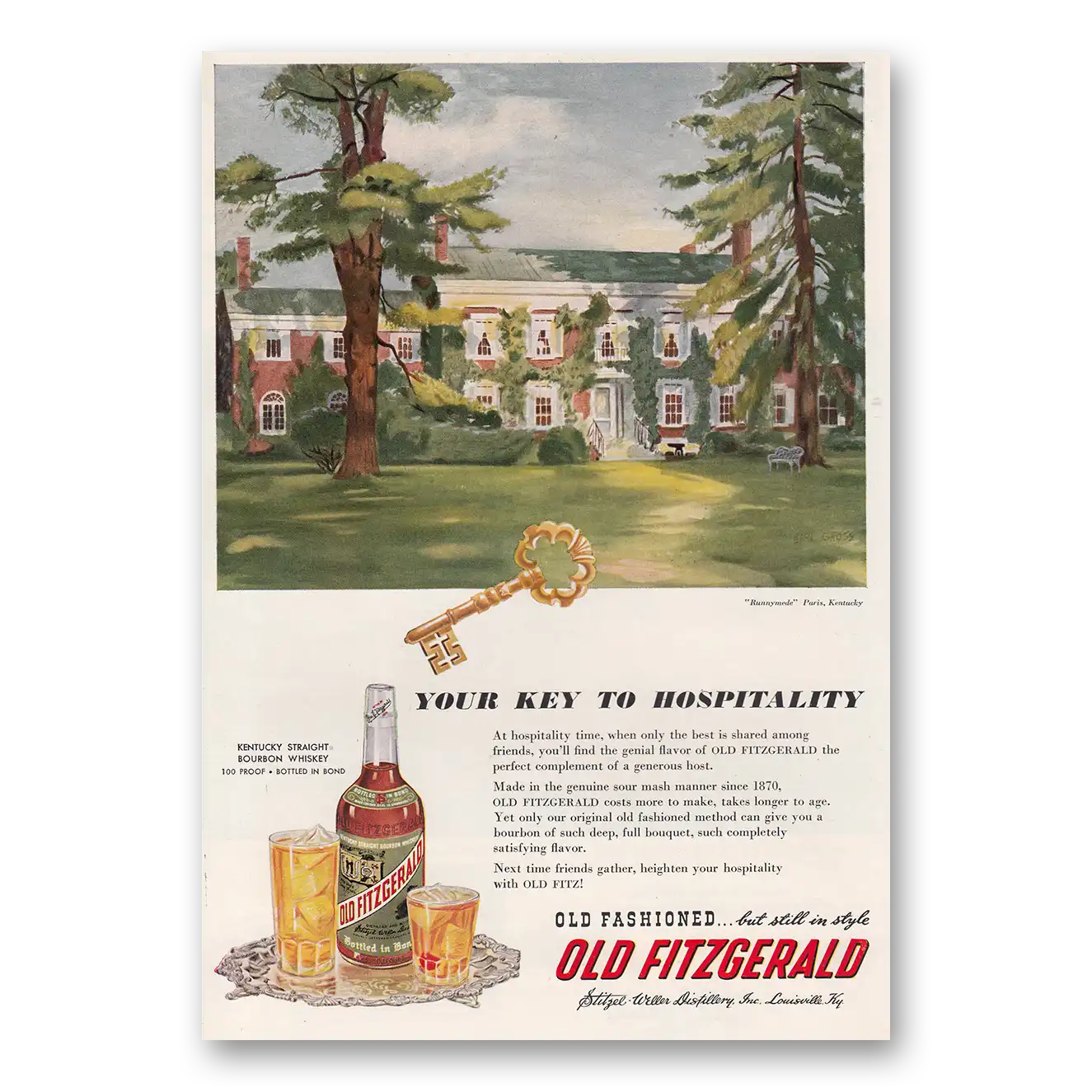 1950 Old Fitzgerald Whiskey Your Key to Hospitality Runnymede Vintage Magazine Print Ad