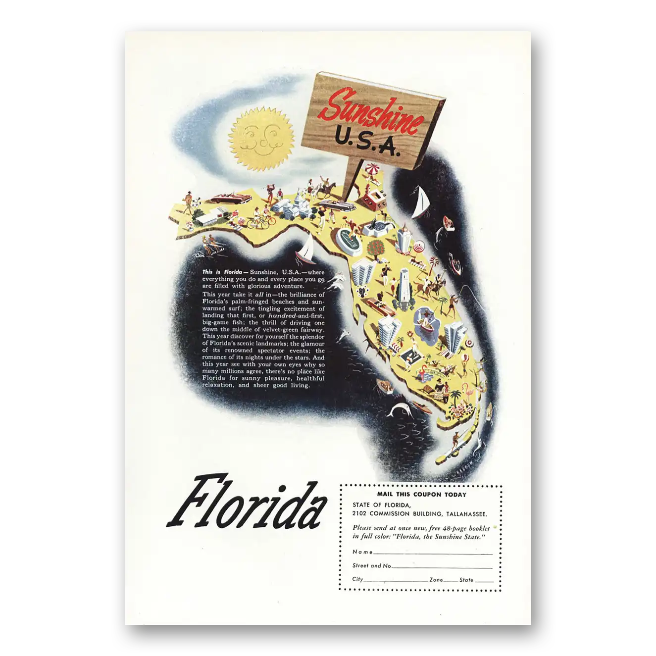 1950 Florida Sunshine USA Vintage Magazine Print Ad