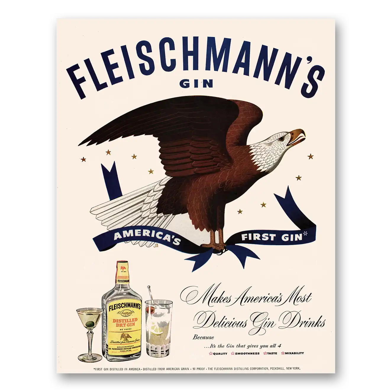 1950 Fleischmanns Gin Americas First Gin Vintage Magazine Print Ad