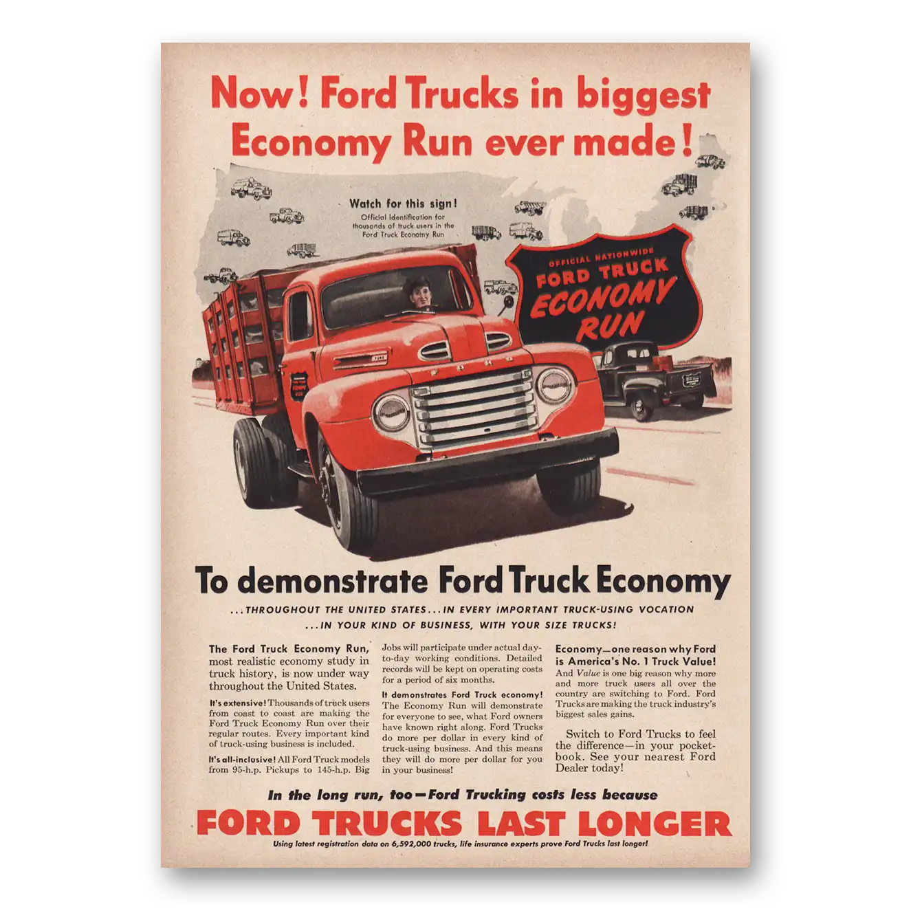 1950 Ford Trucks Biggest Economy Run Vintage Magazine Print Ad