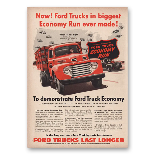 1950 Ford Trucks Biggest Economy Run Vintage Magazine Print Ad