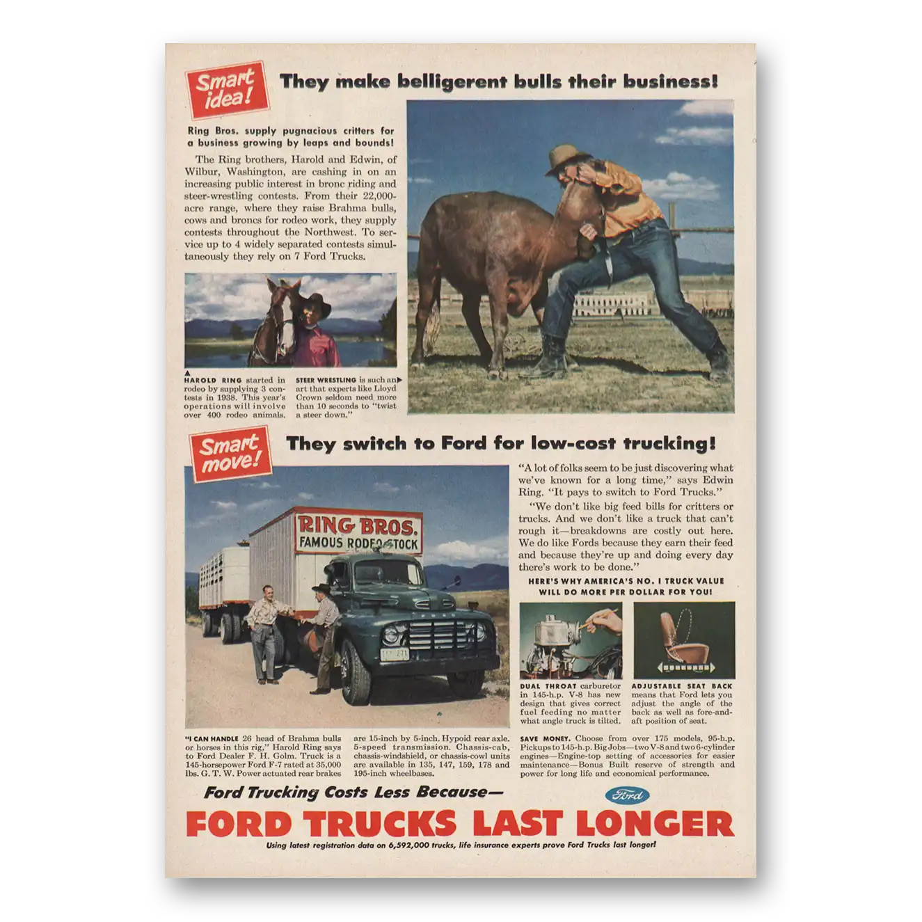 1950 Ford Trucks Belligerent Bulls Ring Bros Vintage Magazine Print Ad