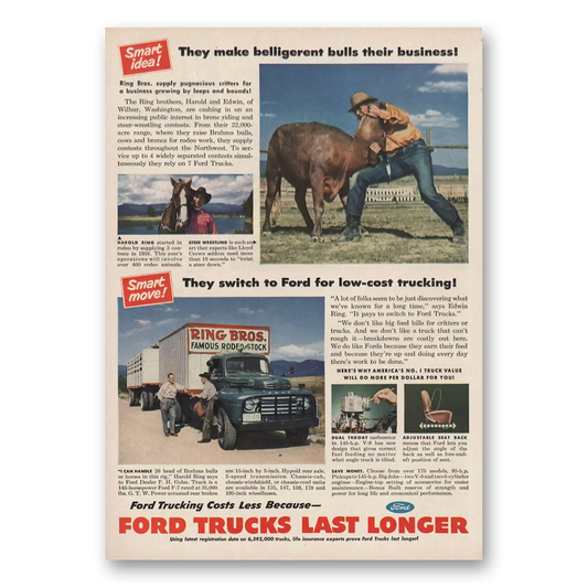 1950 Ford Trucks Belligerent Bulls Ring Bros Vintage Magazine Print Ad