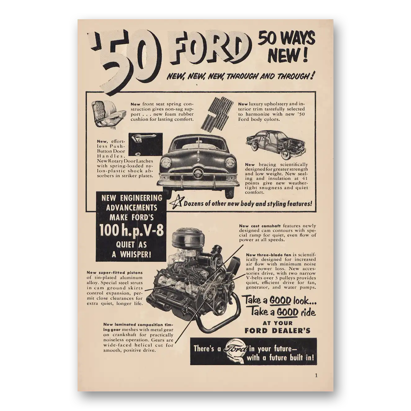 1950 Ford New Engineering Vintage Magazine Print Ad