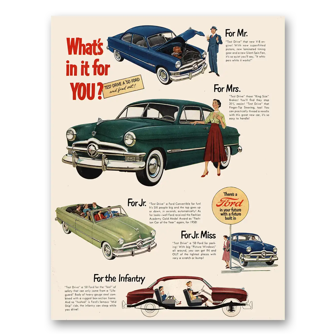 1950 Ford For Mr Mrs Jr, Miss, Infantry Vintage Magazine Print Ad