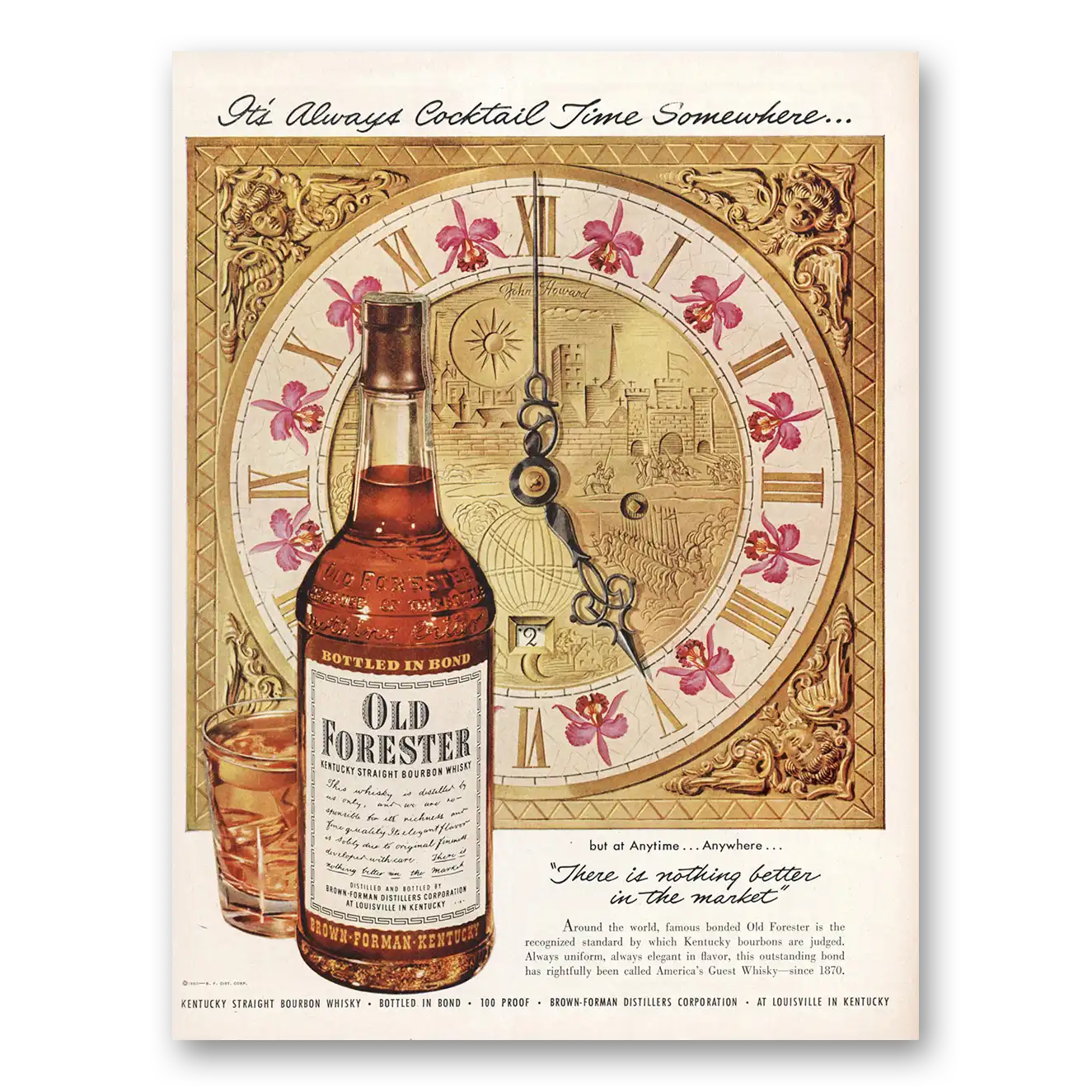 1950 Old Forester Whisky Always Cocktail Time Somewhere Vintage Magazine Print Ad