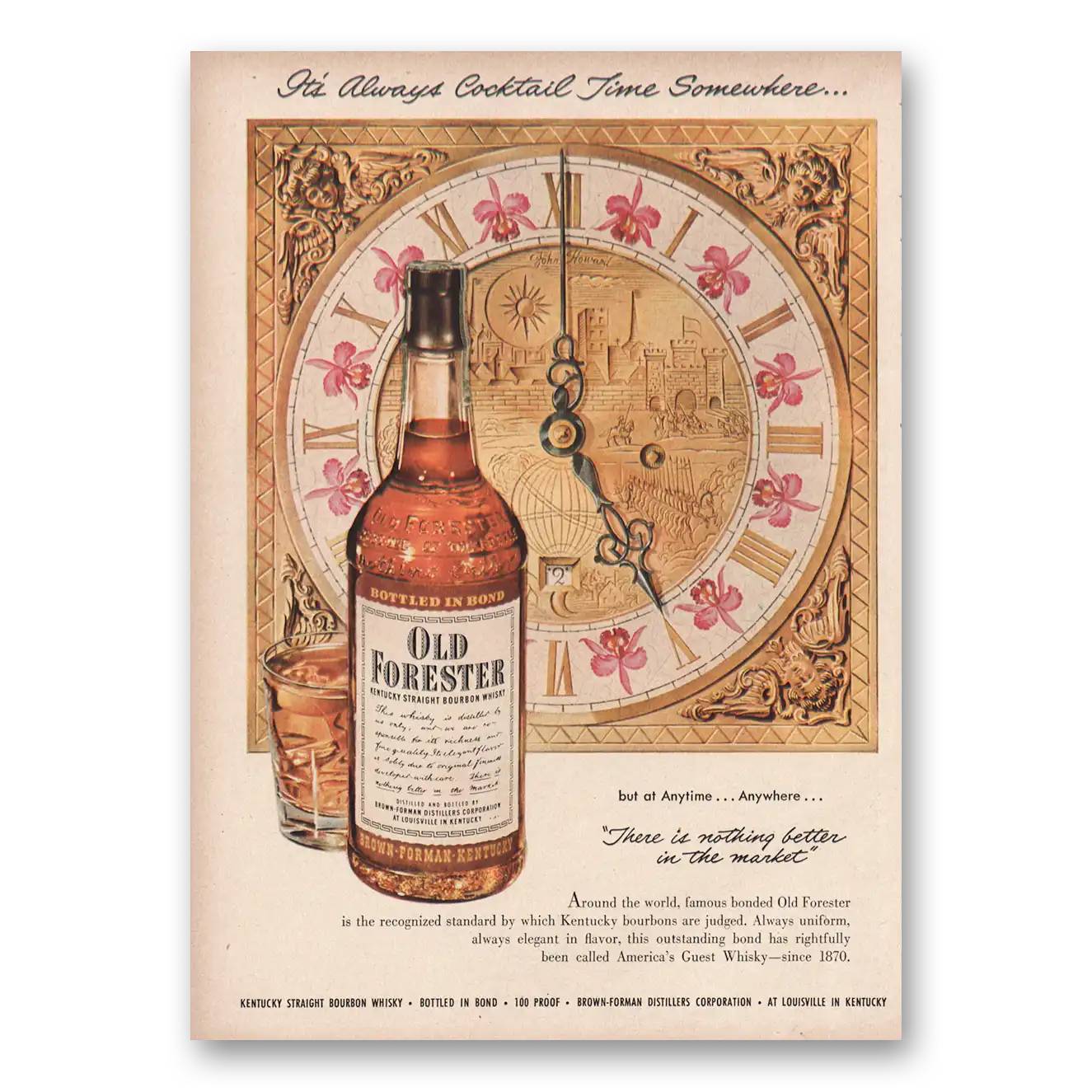 1950 Old Forester Whisky Always Cocktail Time Somewhere Vintage Magazine Print Ad