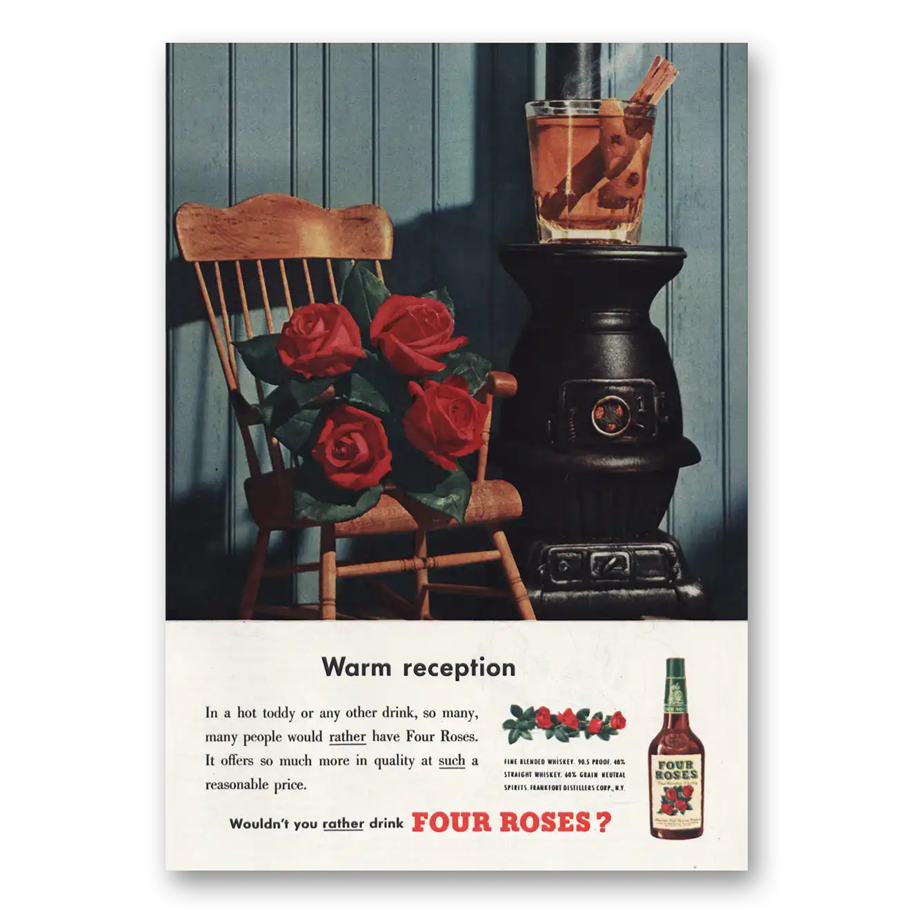 1950 Four Roses Warm Reception Vintage Magazine Print Ad