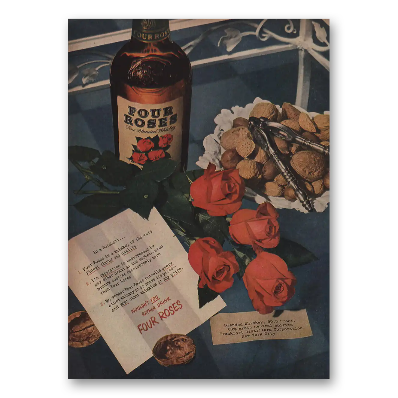 1950 Four Roses In a Nutshell Vintage Magazine Print Ad